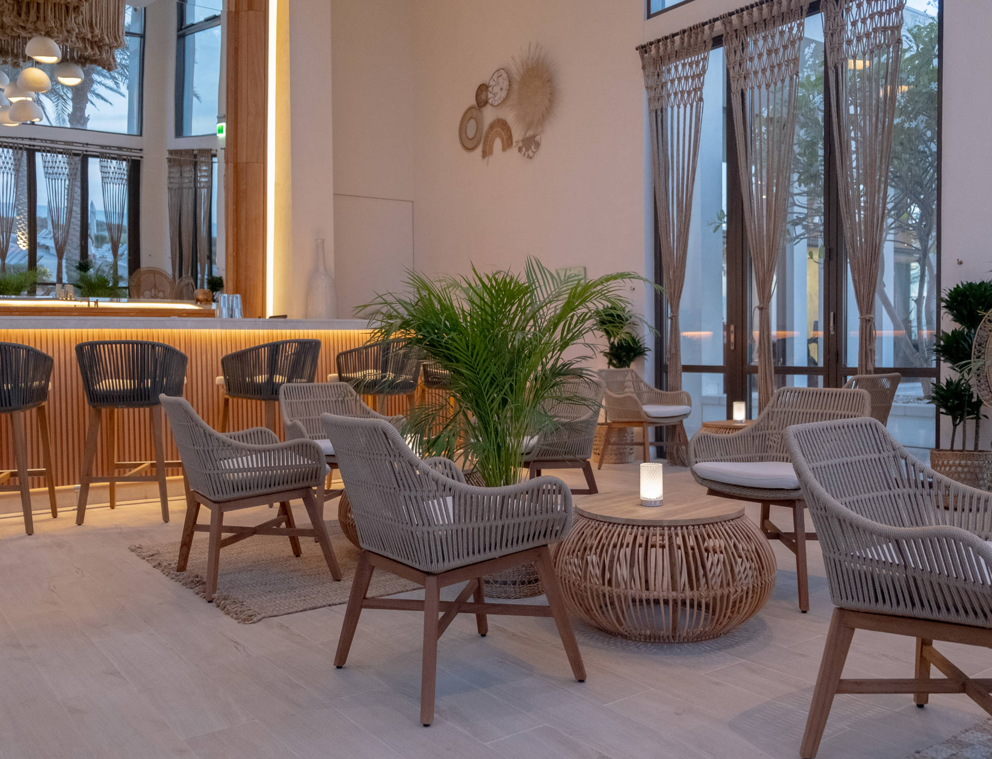 Chic and comfortable seating at Cabana 9, Saadiyat Beach Club’s elegant poolside bar and lounge area.